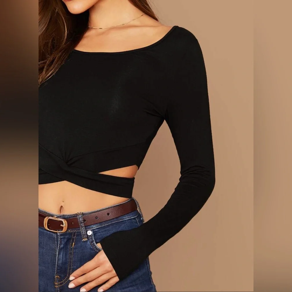 SHEIN Black Crisscross Cut Out Long Sleeve Crop Top Sz XS & S LIKE NEW